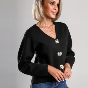 Cardigan jersey corto liso con cuello en V para mujer en otoño invierno elegante.