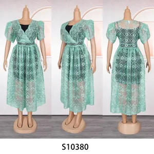 Plus size green lace hollow v-neck cami dress two piece set for women elegant fashion outfit.