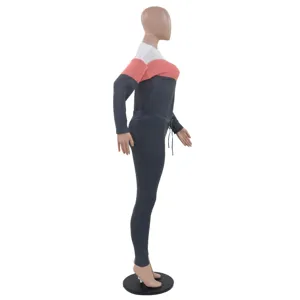 Women's color block knitted long sleeve sweater and trousers two piece casual lounge set