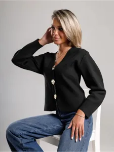Cárdigan corto de color liso con cuello en V para mujer, elegante suéter de punto chic.