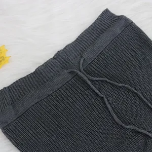 Dark gray knit pants drawstring detail, soft fabric texture, women fashion clothing detail