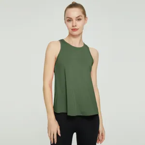 Dark green sleeveless sports tank top detail view, comfortable loose fit for yoga running.