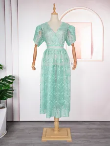 Mint green lace V-neck dress hollow two-piece set elegant women midi dress chic summer wear