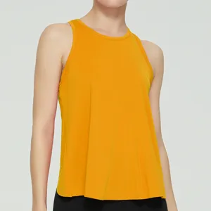 Detail view of women's yellow sleeveless sports tank top, lightweight and breathable fabric.