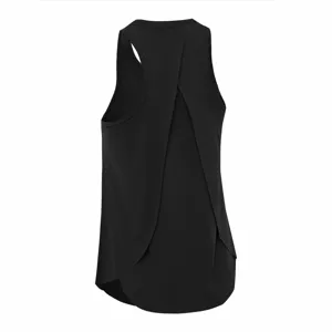Back detail of black sleeveless yoga tank top, featuring cross back and split swallowtail hem.