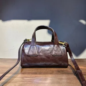 Sac Boston Rétro en Cuir Véritable pour Femmes Vintage Vache Tanné Végétal Poignée Sac à Main Bandoulière