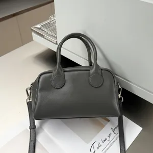 Dark grey leather boston bag, stylish top handle shoulder crossbody soft handbag for women.