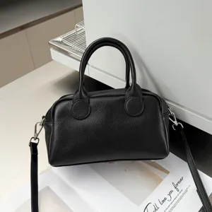 Black genuine leather Boston bag classic top handle shoulder crossbody handbag everyday use