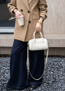 White leather Boston bag, top handle shoulder crossbody handbag, soft cowhide daily casual style.