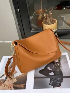 Top layer cowhide brown leather shoulder bag, minimalist envelope crossbody bag for women.