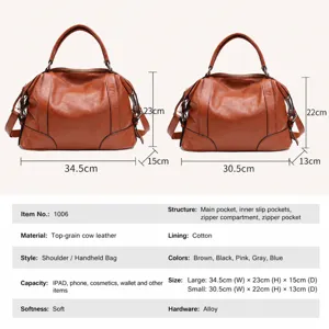 Genuine leather women handbag top layer cowhide shoulder crossbody tote bag size specification chart