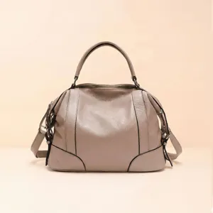 Stylish women's genuine leather handbag, elegant taupe top handle shoulder crossbody bag.