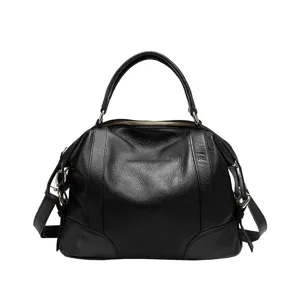 Black genuine leather women handbag, classic top handle shoulder crossbody bag for daily use.