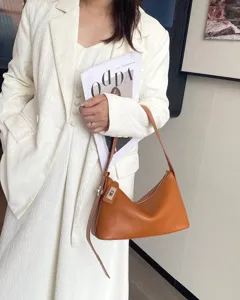 Brown leather shoulder bag, casual underarm hobo bag, stylish pillow purse for women.