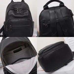 Detail view of black genuine leather backpack, large capacity commuting travel daypack.