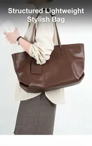 Large capacity brown leather tote bag, minimalist slouchy shoulder bag for women commuting.