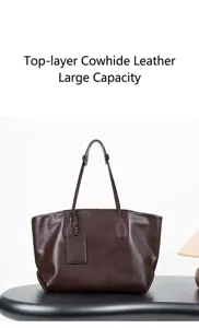 Large capacity brown leather tote bag for women, stylish shoulder bag with minimalist design for work.