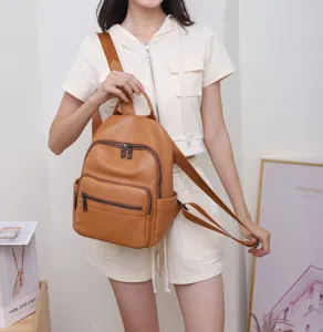 Women's large capacity brown leather backpack casual soft cowhide travel bag stylish daypack
