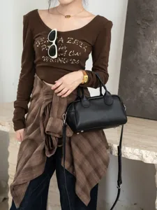 Classic black genuine cowhide leather Boston bag, stylish chic top-handle shoulder bag.