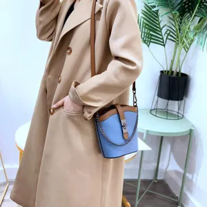 Fashion genuine leather colorblock bucket bag with chain strap versatile crossbody shoulder bag