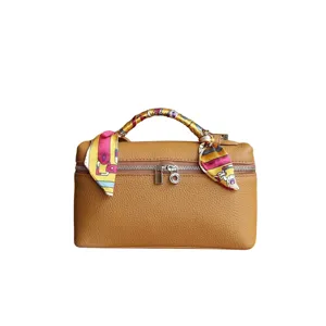Genuine leather women cosmetic box bag with stylish scarf handle, chic daily handbag.