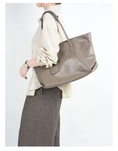 Large capacity genuine leather tote bag for women, minimalist shoulder bag for daily commuting.