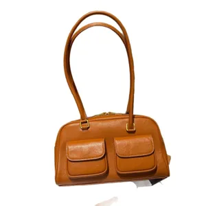 Borsa a mano in pelle marrone da donna, elegante borsa a spalla vintage con doppie tasche.