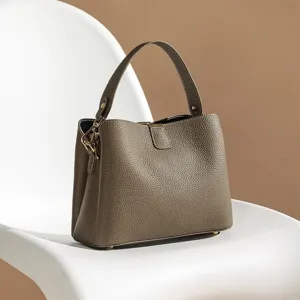 Women's Genuine Leather Bucket Bag Urban Minimalist Top Layer Cowhide Crossbody Shoulder Bag Large Capacity Daily Handbag