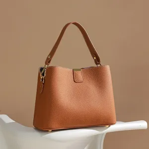 Women brown leather handbag stylish top handle bucket bag chic casual shoulder bag daily use