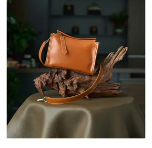 Vintage vegetable tanned genuine leather crossbody bag, brown shoulder bag for women.