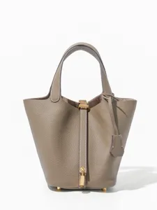 Genuine Top Layer Cowhide Bucket Bag For Women Luxury Designer Style Handbag Top Handle Tote Casual Solid Color Lock Closure