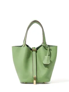Premium green top-layer cowhide leather bucket handbag classic casual fashion tote bag for women