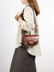 Dames Vintage Zadeltas Toplaag Koeienhuid Crossbody Tas Etnische Brede Band Casual Schoudertas Retro Lederen Handtas