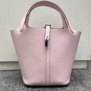 Sac Seau en Cuir Véritable pour Femmes Sac à Poignée Supérieure Cousu Main Fermeture à Verrou Métallique Grand Sac à Main