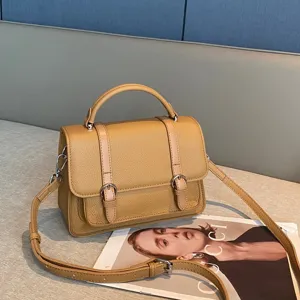 Brown leather messenger bag women shoulder crossbody handbag stylish casual top-handle square bag