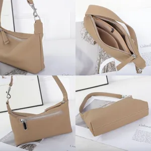 Khaki top-layer leather shoulder bag, trendy women underarm pillow bag with multiple pockets.
