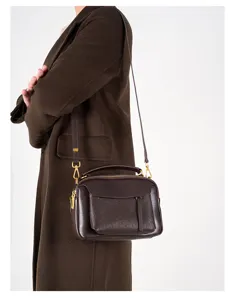 Genuine leather retro boston bag, versatile women shoulder crossbody handbag with elegant brown finish.