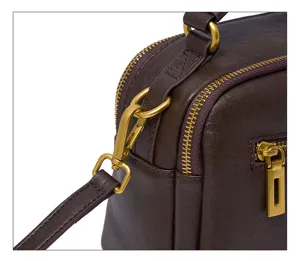 Leather Boston bag detail showing vintage hardware, metal zipper and adjustable strap.