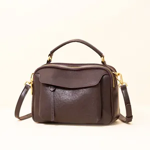 Genuine Leather Boston Bag For Women Vintage Top Layer Cowhide Top Handle Crossbody Bag Casual Tote Purse