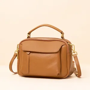 Genuine leather Boston crossbody bag for women, vintage retro top-handle shoulder purse.