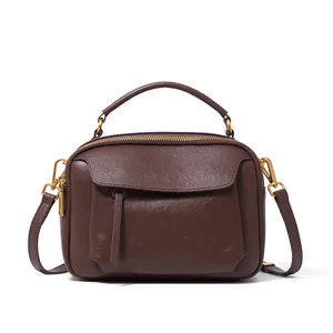 Genuine leather retro Boston handbag, classic brown top handle crossbody bag for women.