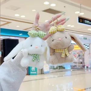 Cute plush bunny keychain with checkered bow and scarf, soft fluffy bag charm and toy pendant.