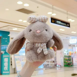 Cute plush rabbit pendant with plaid bow and scarf, soft toy bag charm and keychain decoration.
