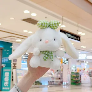 Cute white plush bunny rabbit keychain with green plaid bow and scarf bag charm plushie.