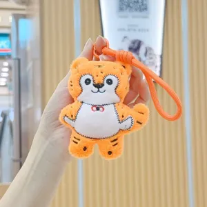 Cute embroidered tiger plush keychain bag charm, soft stuffed animal keyring pendant accessory.