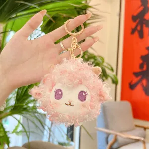 Cute pink plush sheep head keychain plushie bag charm fluffy cartoon stuffed toy pendant