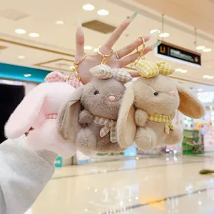 Cute plush rabbit keychain with checkered scarf and bow, soft toy bag charm pendant accessory.