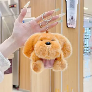 Cute fluffy puppy plush keychain, brown stuffed animal bag charm and cute keyring accessory.