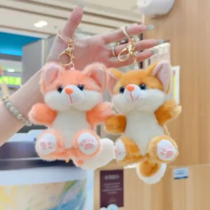 Cute plush fox keychain, soft stuffed animal bag charm with gold clasp for car keys.