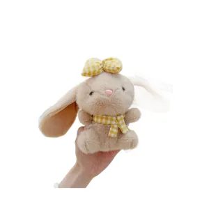 Cute fluffy plush rabbit doll pendant keychain with yellow plaid scarf and cute bow decor